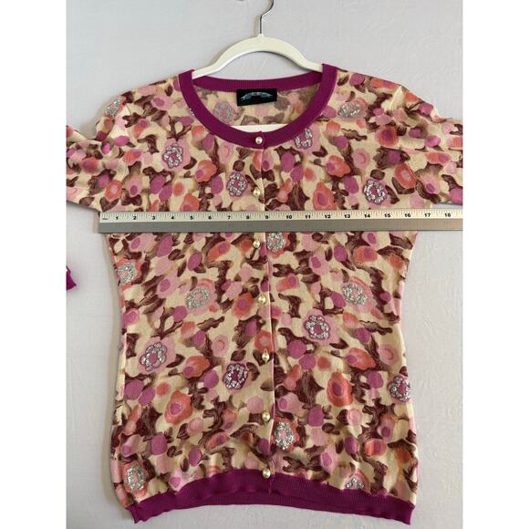 Till The End Womens L Silk Cashmere Colorful Floral Sequins Pearl Knit Cardigan - Picture 8 of 11